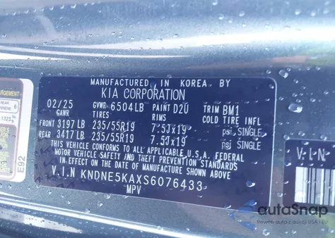 2025 Kia Carnival Mpv Hybrid Sx z USA, uszkodzony, nr VIN KNDNE5KAXS6076433